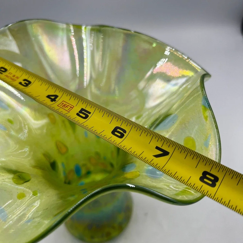 Glass Eye Studio Iridescent Hand Blown Art Glass Ruffle‎ Vase Green Blue
